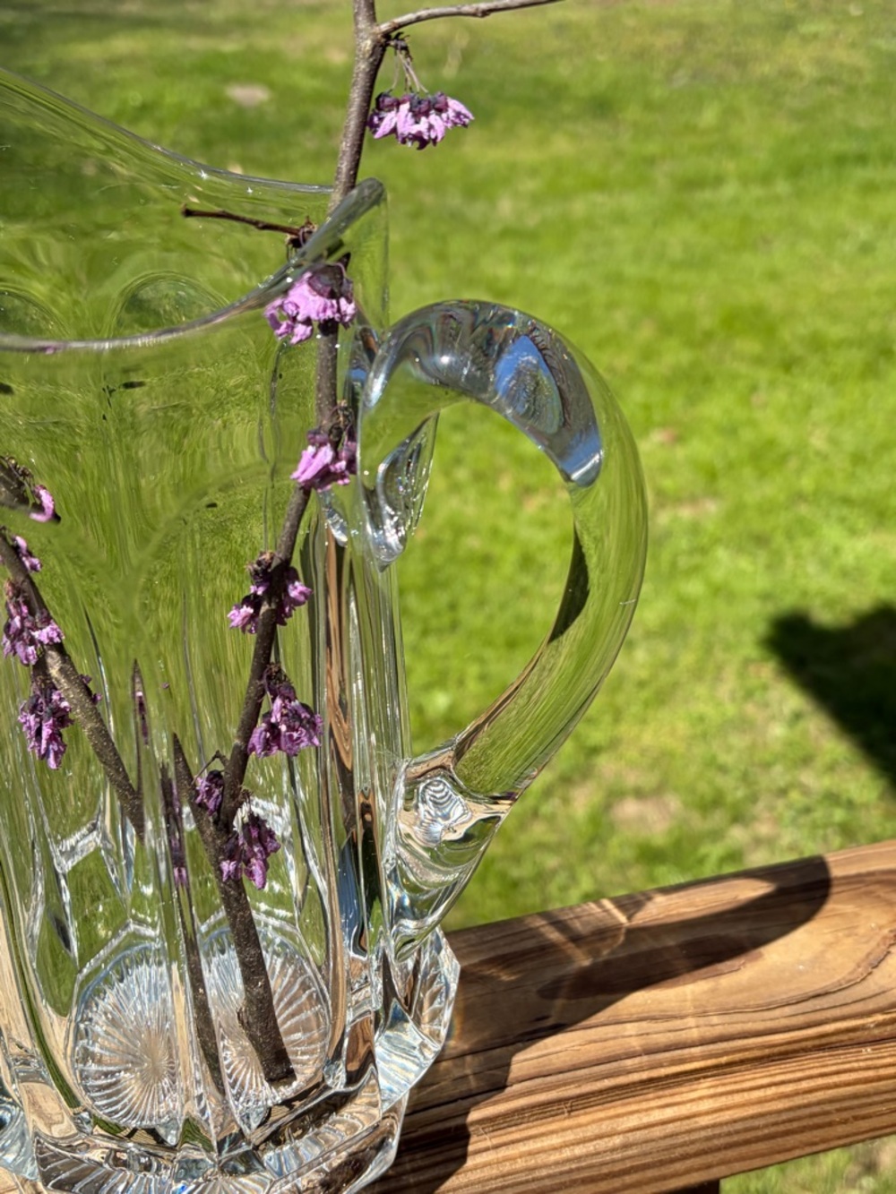 Vintage Clear Glass Pitcher Paneled Starburst Base Scalloped Rim Farmhouse Vase - Picture 6 of 10